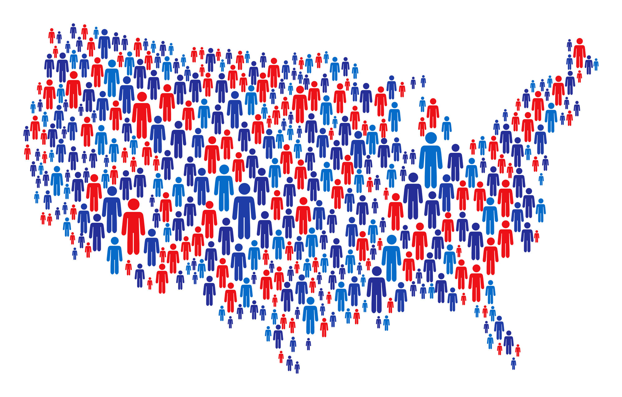 A map of the United States made up of red and blue figures, representing voters nationwide.